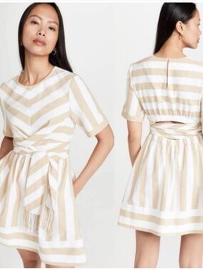 STAUD Beige and White Striped Tie-Waist Mini Dress